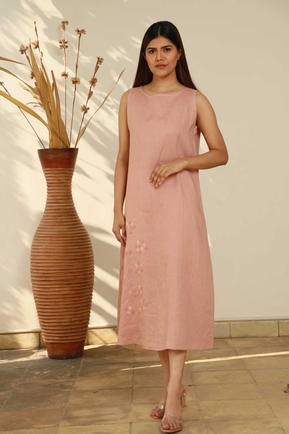 Pink Sleeveless Floral Dress