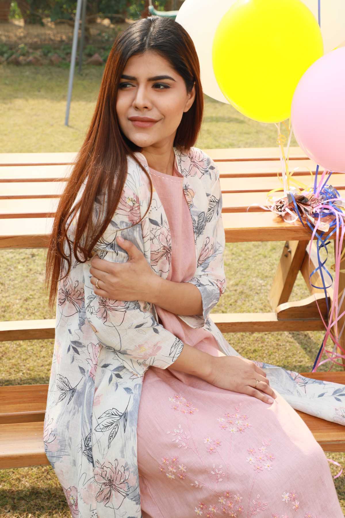 Blue Floral Printed Linen Cape