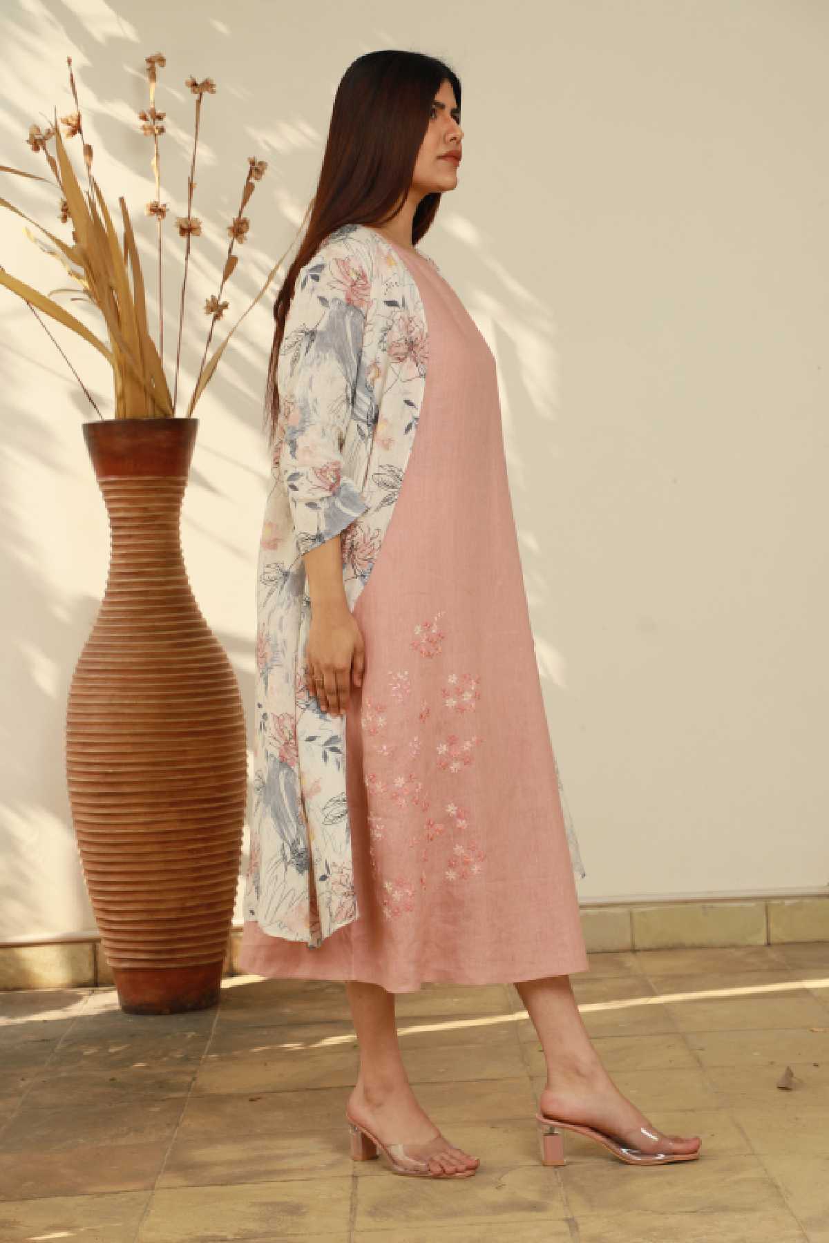 Blue Floral Printed Linen Cape