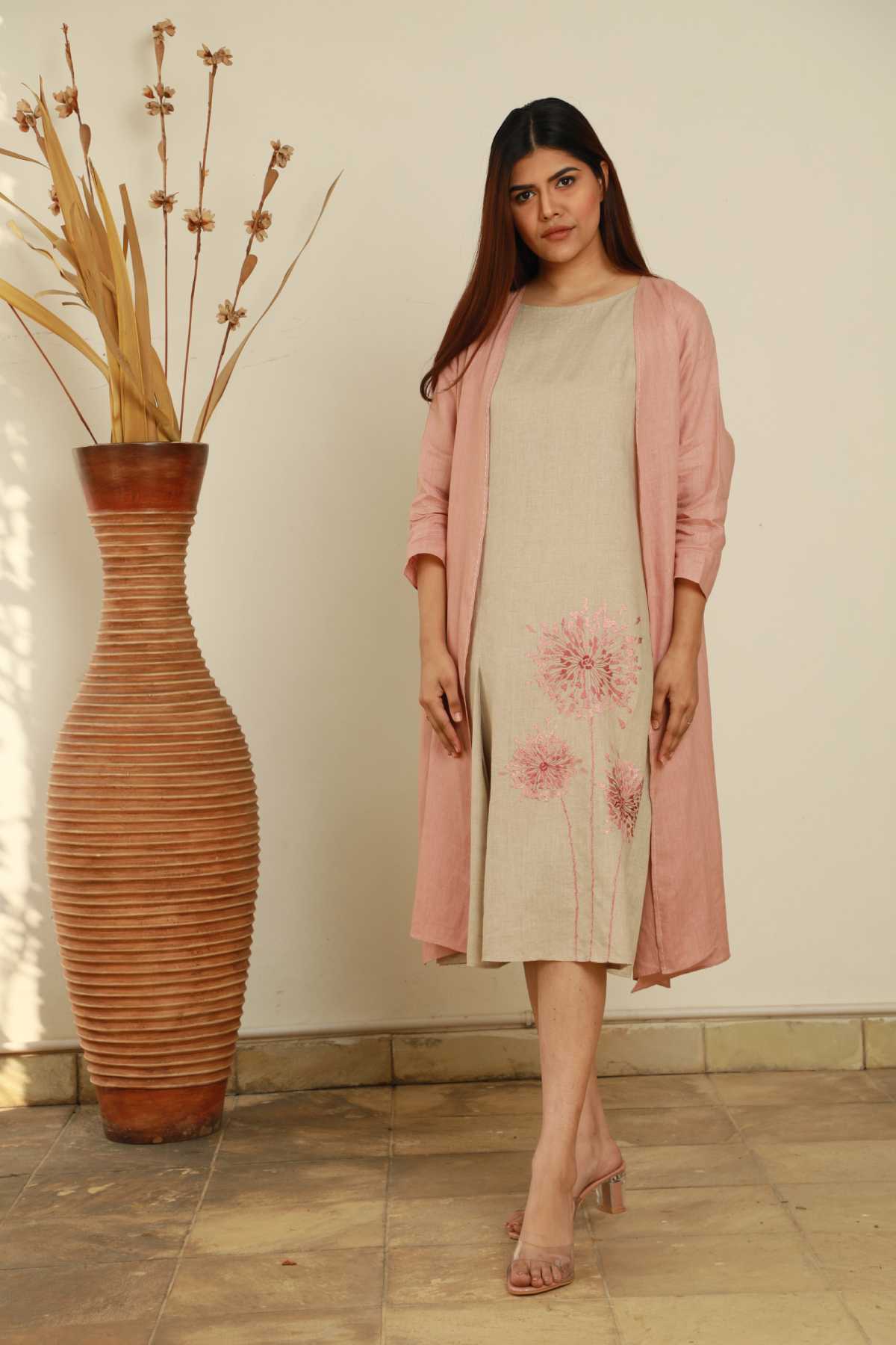 Beige Sleeveless Floral Dress