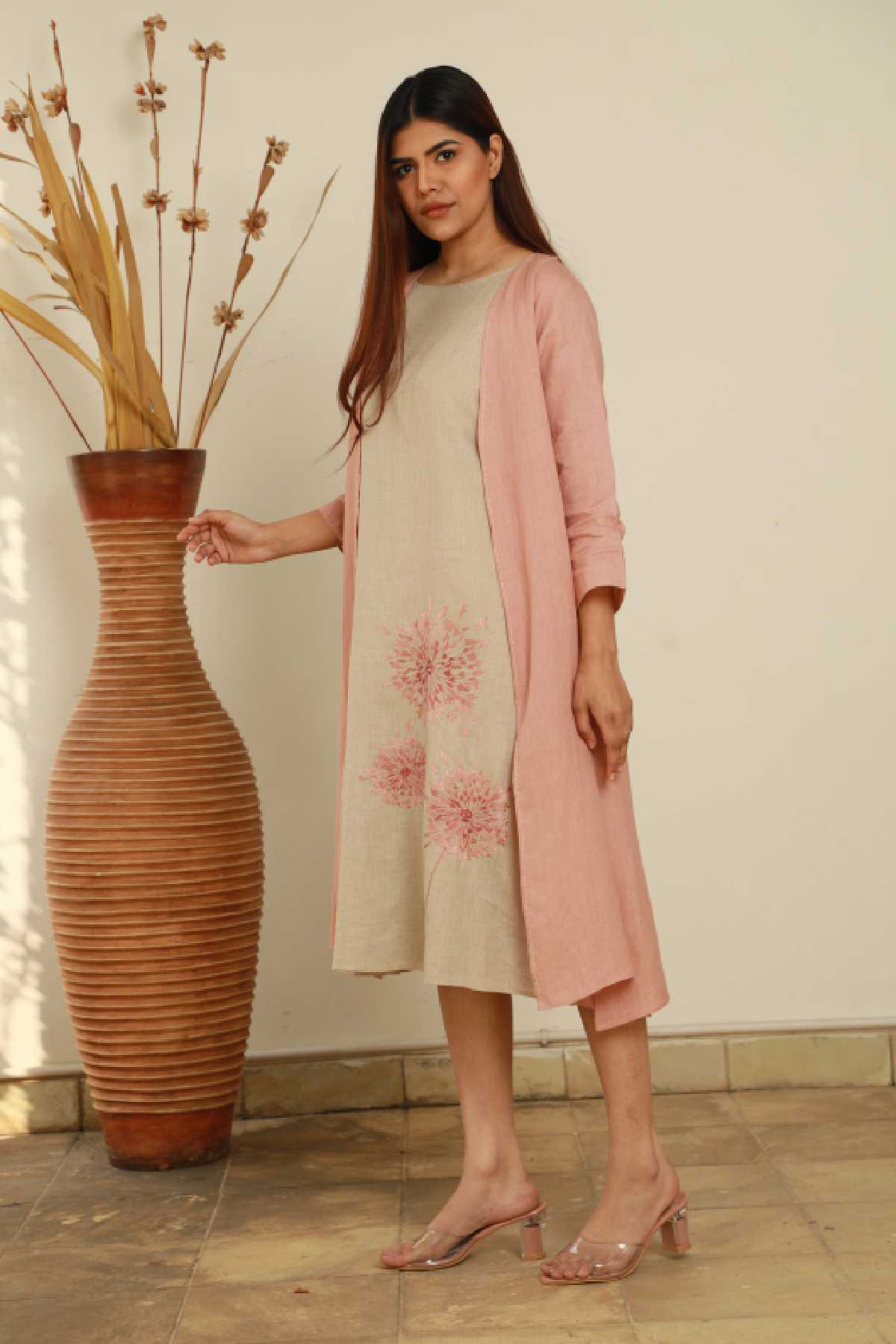 Beige Sleeveless Floral Dress