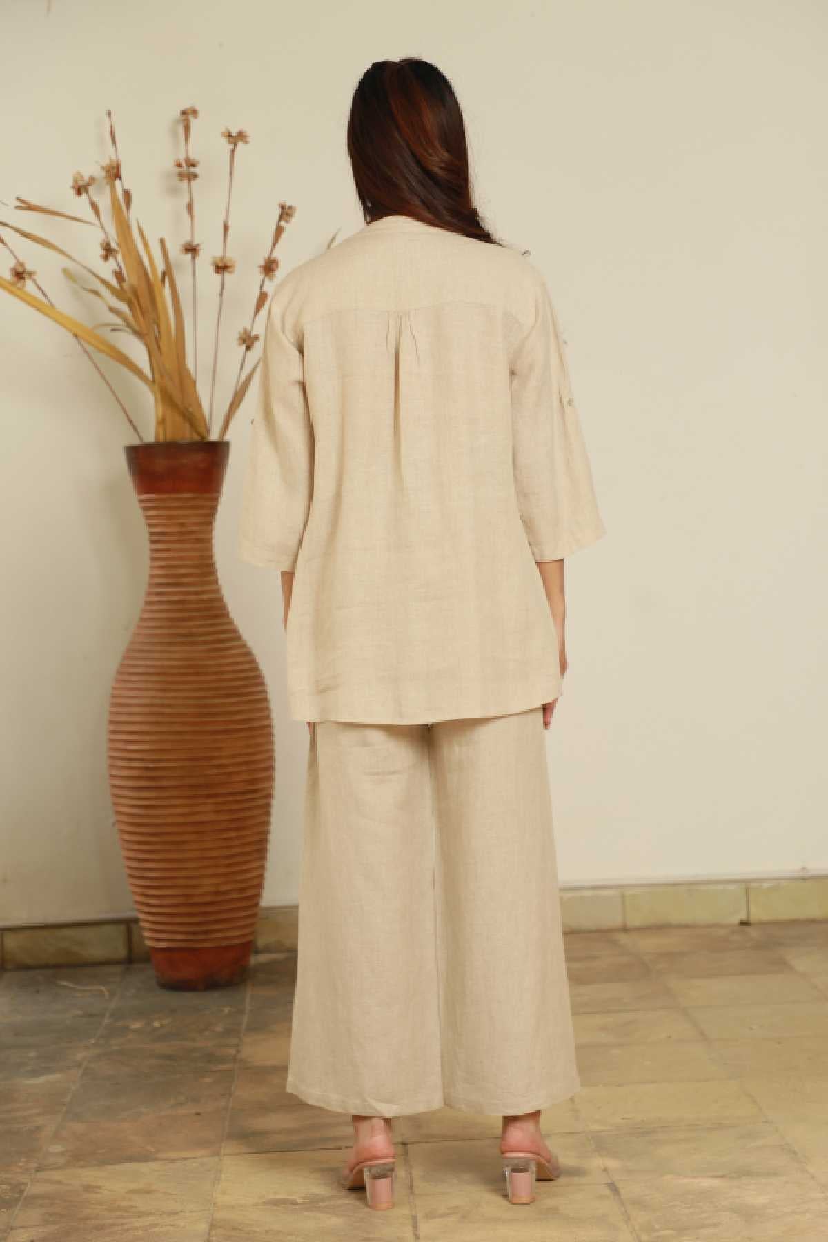 Beige Linen Straight Pants