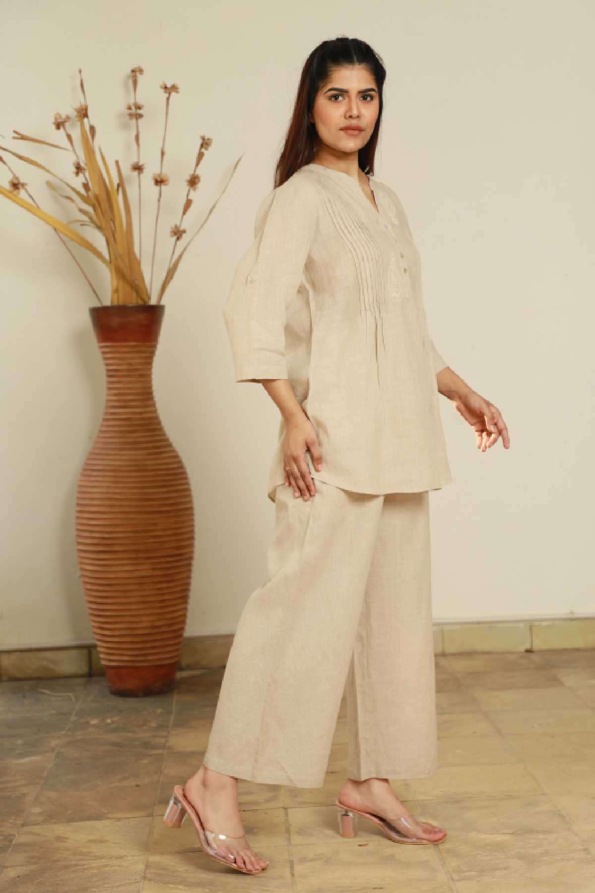 Beige Linen Straight Pants