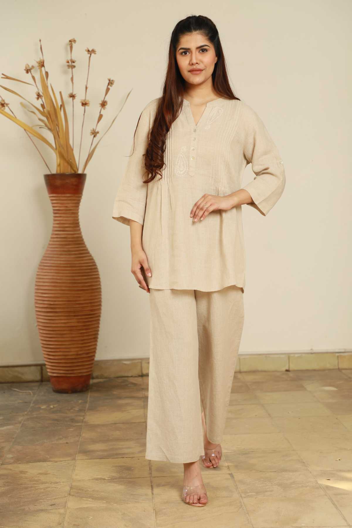 Beige Linen Straight Pants