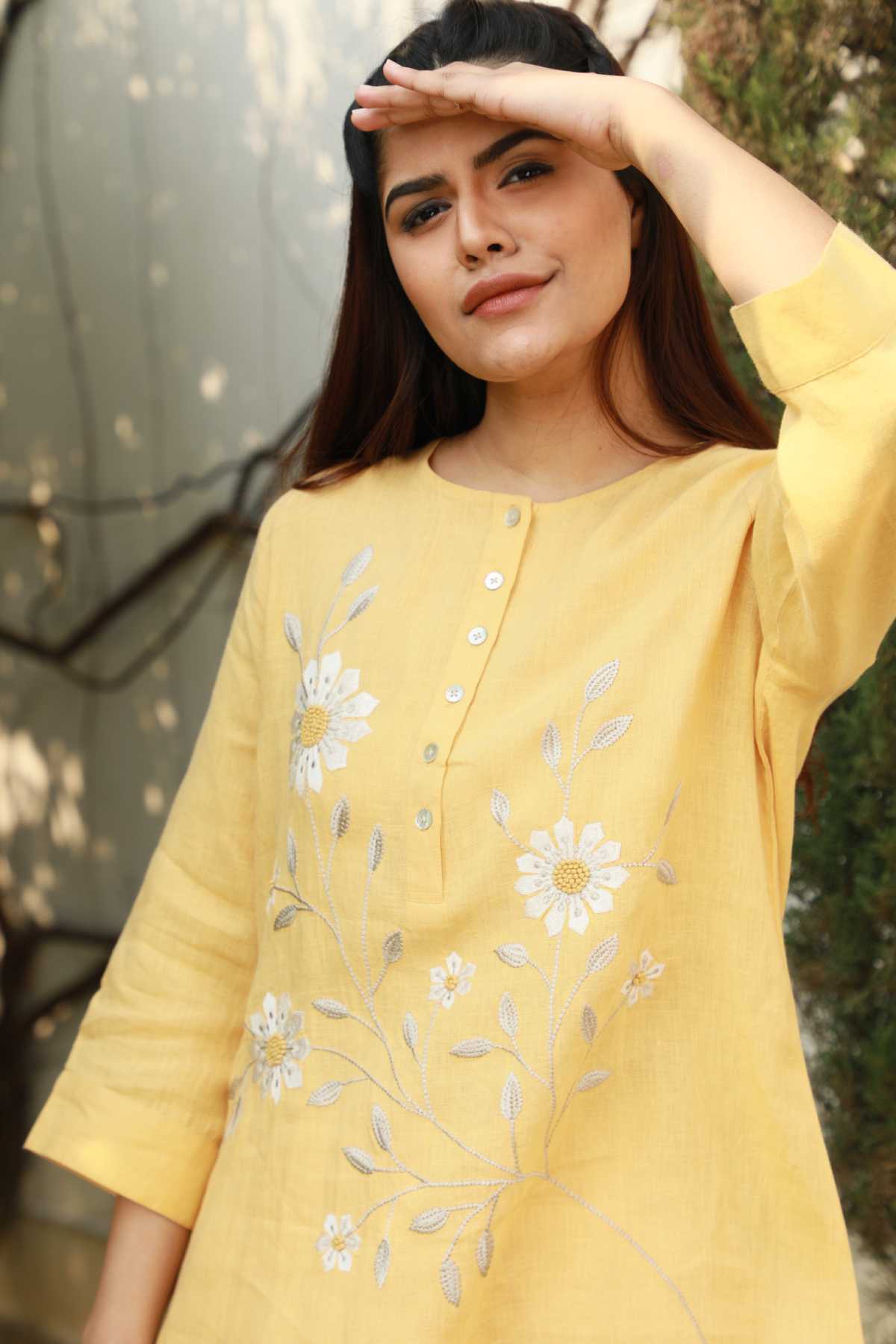 Ochre 100% Linen Floral Tunic