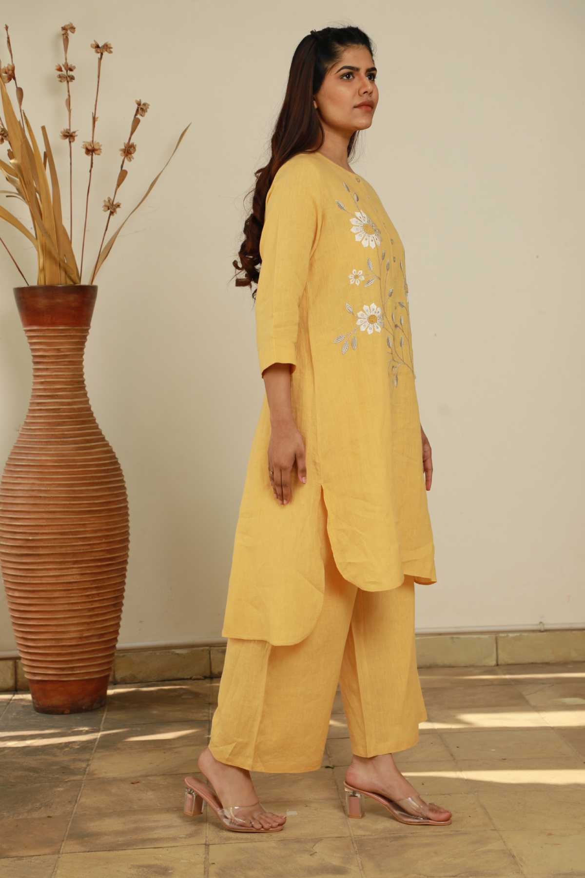 Ochre 100% Linen Floral Tunic