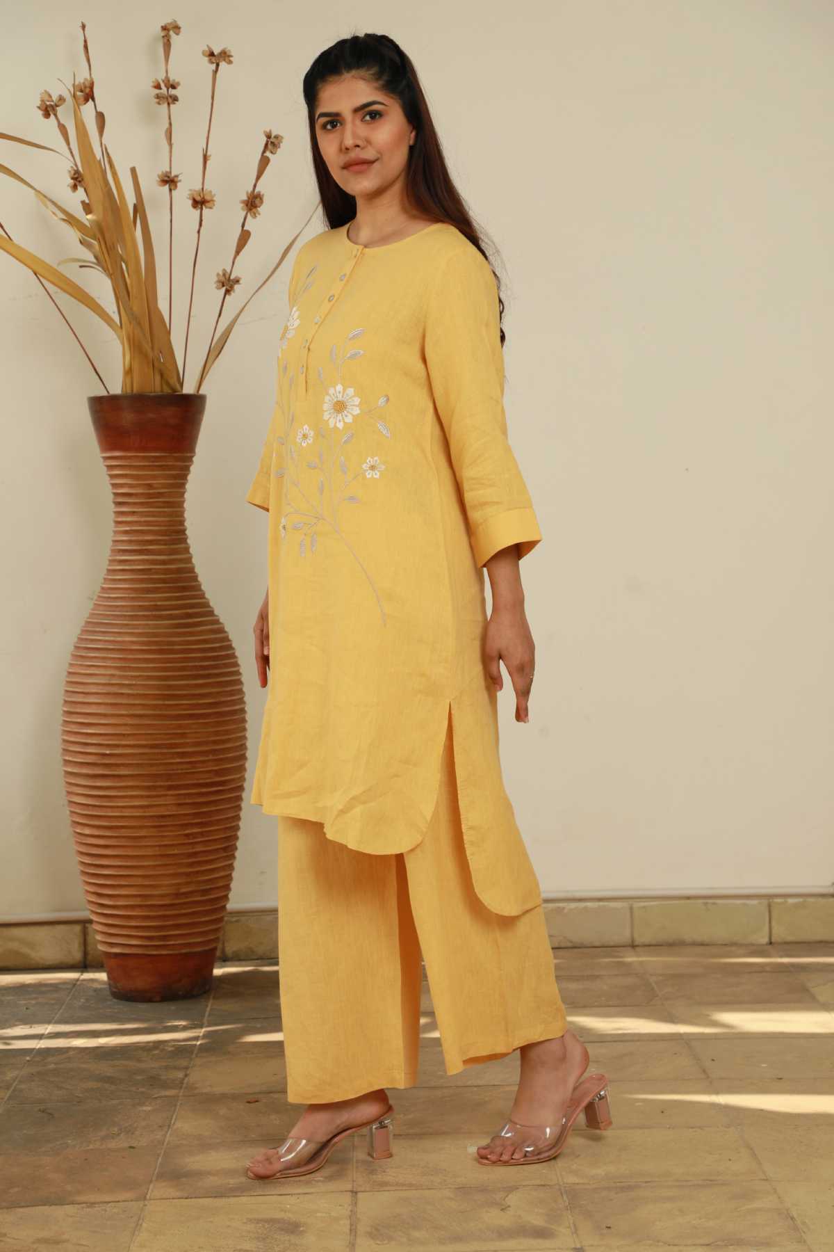 Ochre 100% Linen Floral Tunic