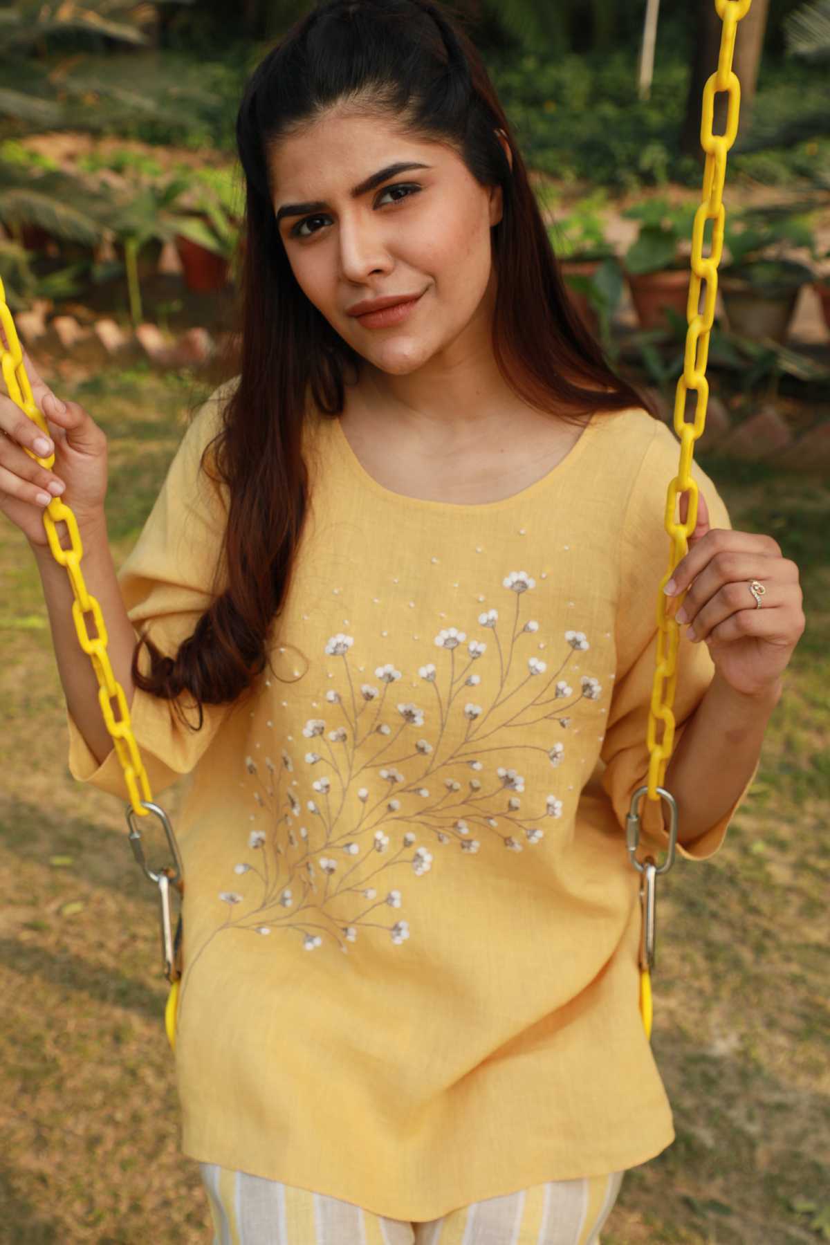 Ochre Floral Embroidered Top