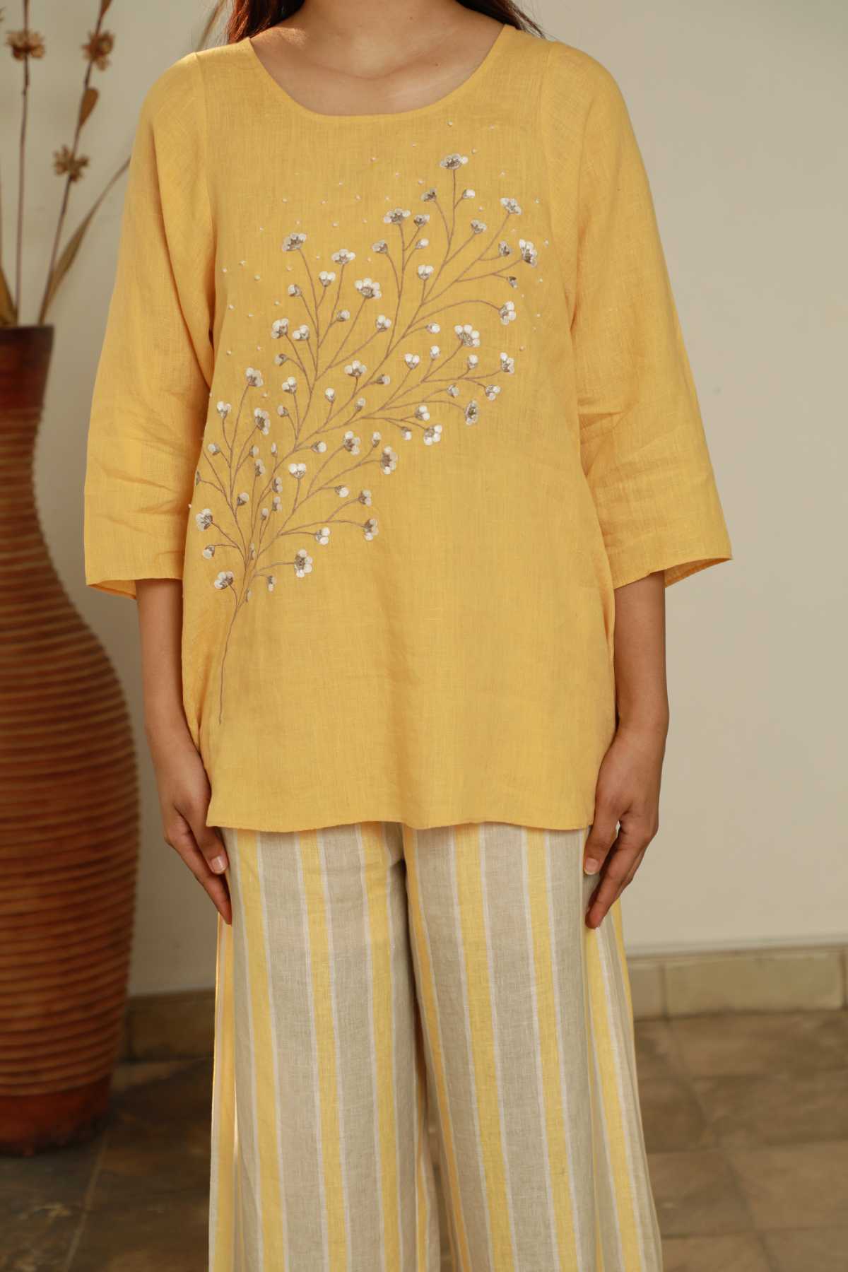 Ochre Floral Embroidered Top