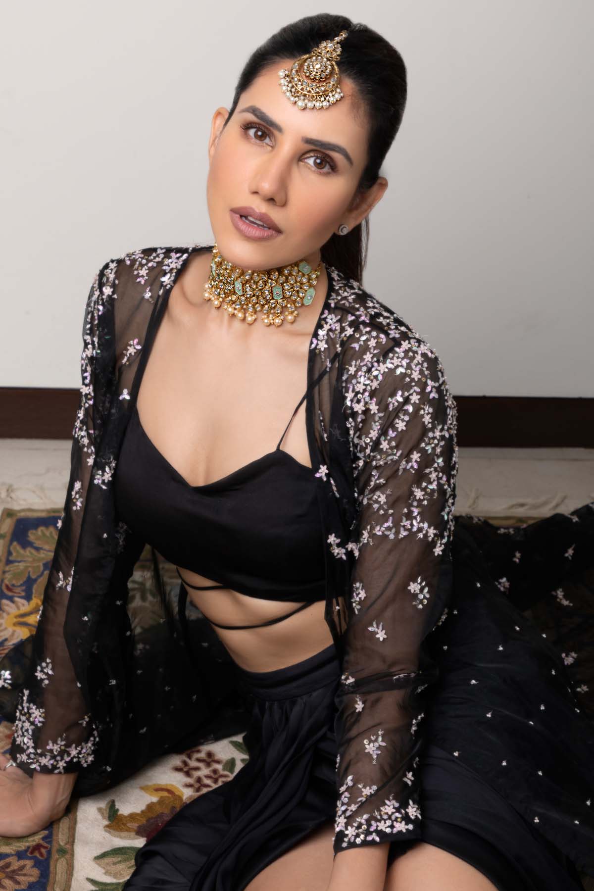 Black Draped Skirt & Jacket Set