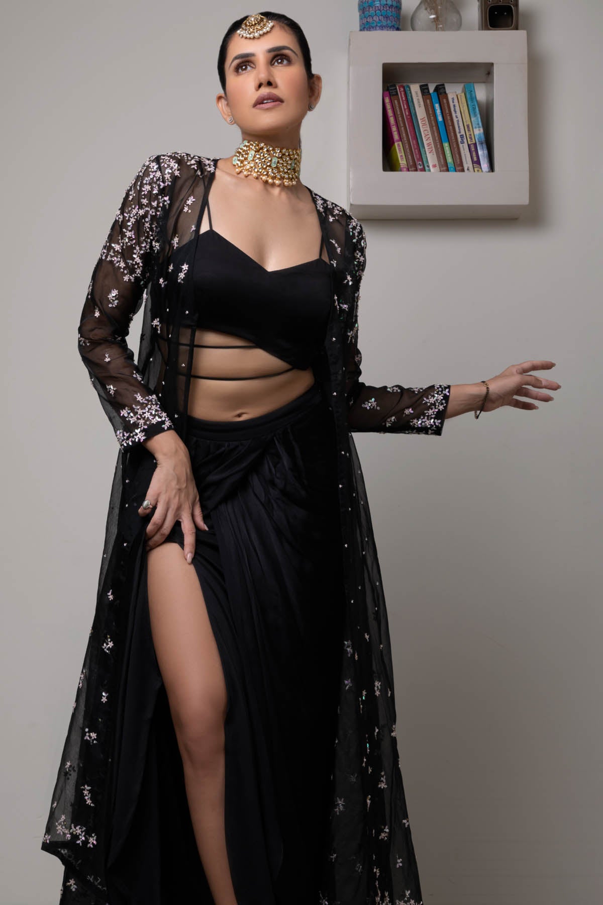 Black Draped Skirt & Jacket Set