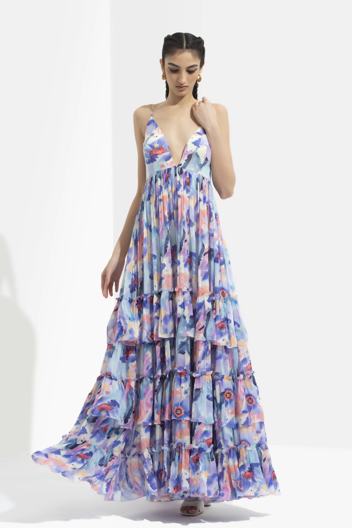 Printed Deep Neck Tiered Dress