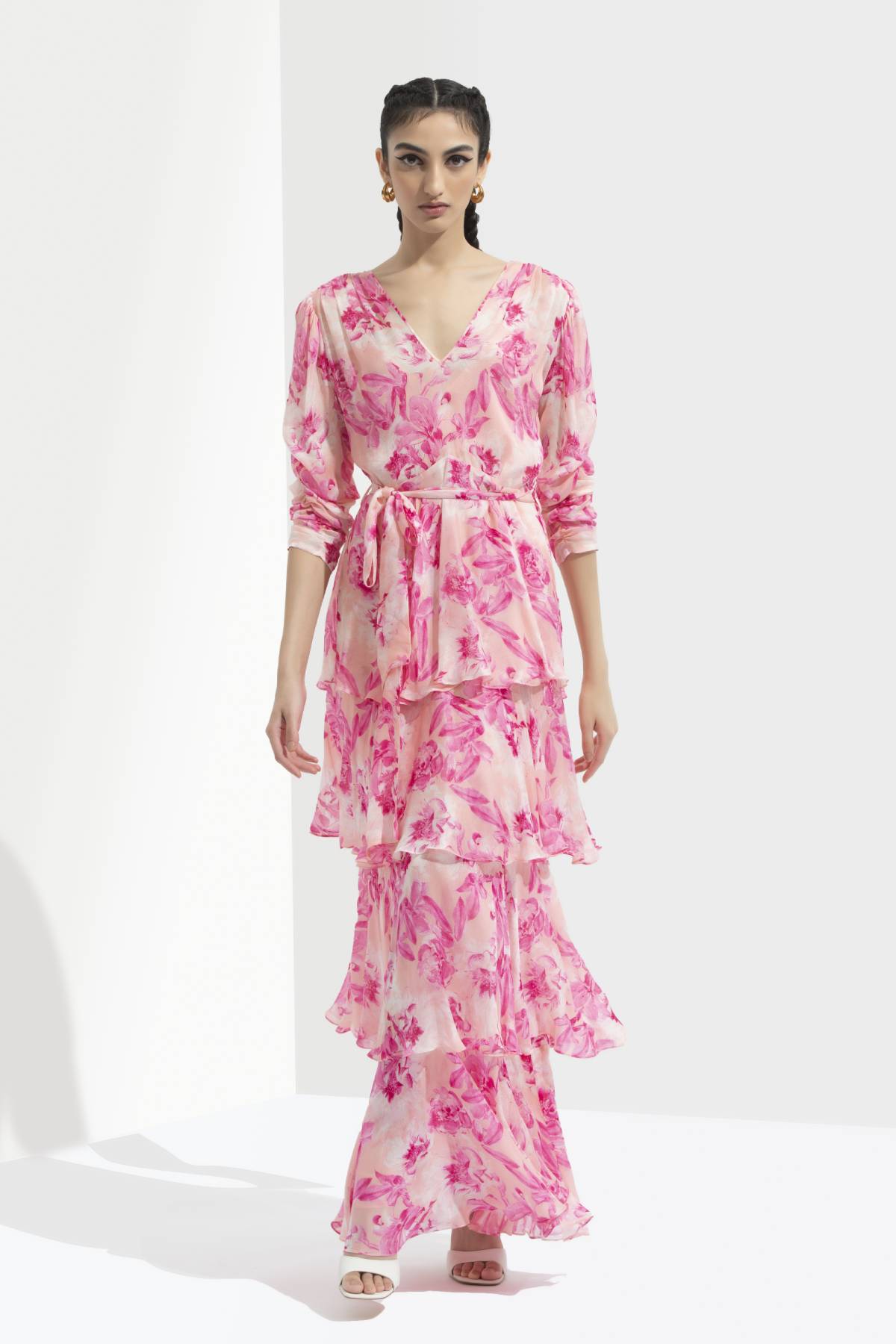 Buy Tiered Printed Long Dress by Mandira Wirk