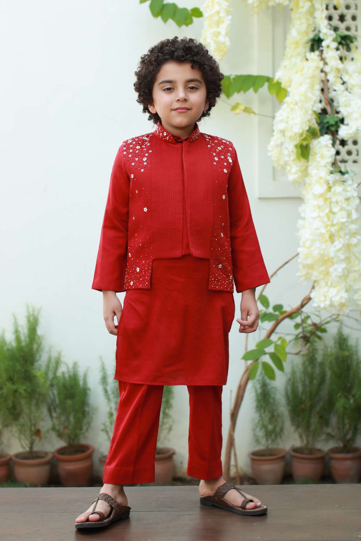 Buy Kids Designer Littleens Long and short abstract floral embroidered pintuck nehru jacket with kurta and trousers Online at ScrollnShops