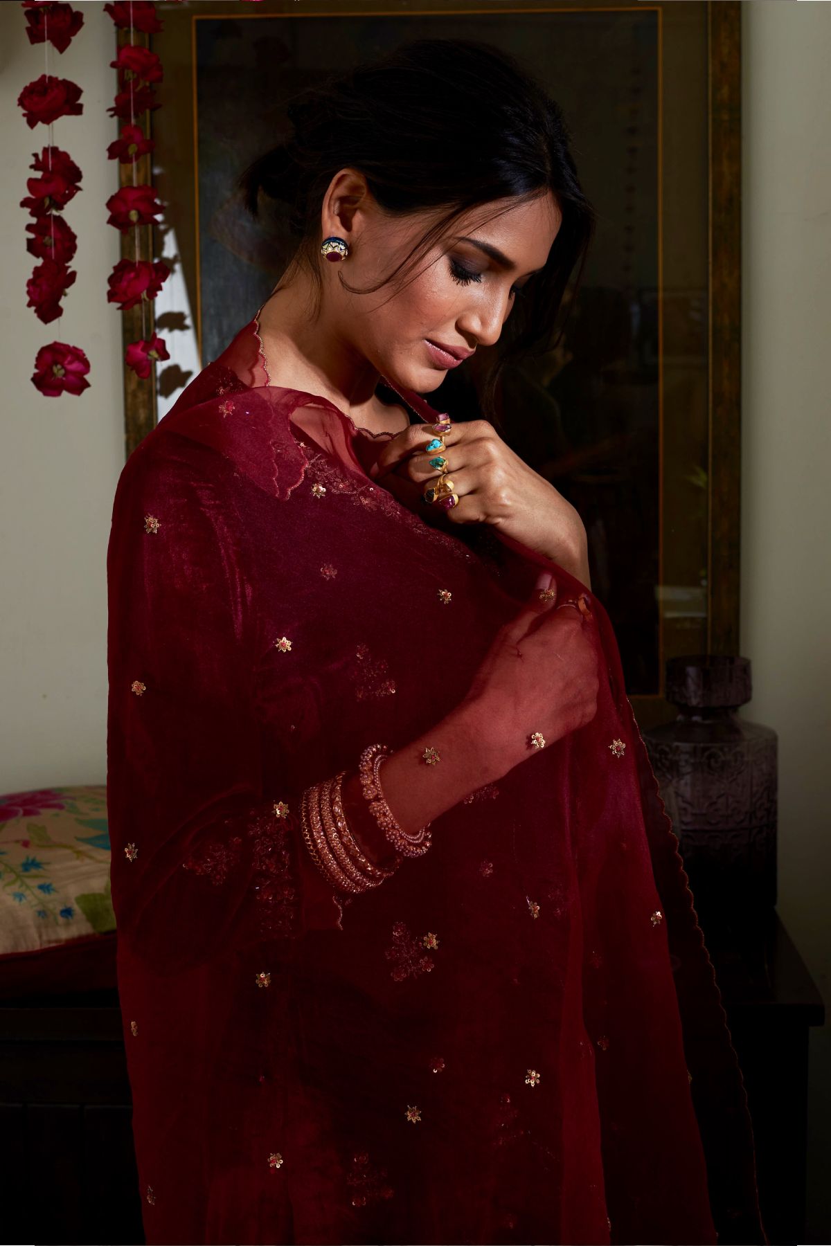 Ruby Velvet Zardosi Kurta Set