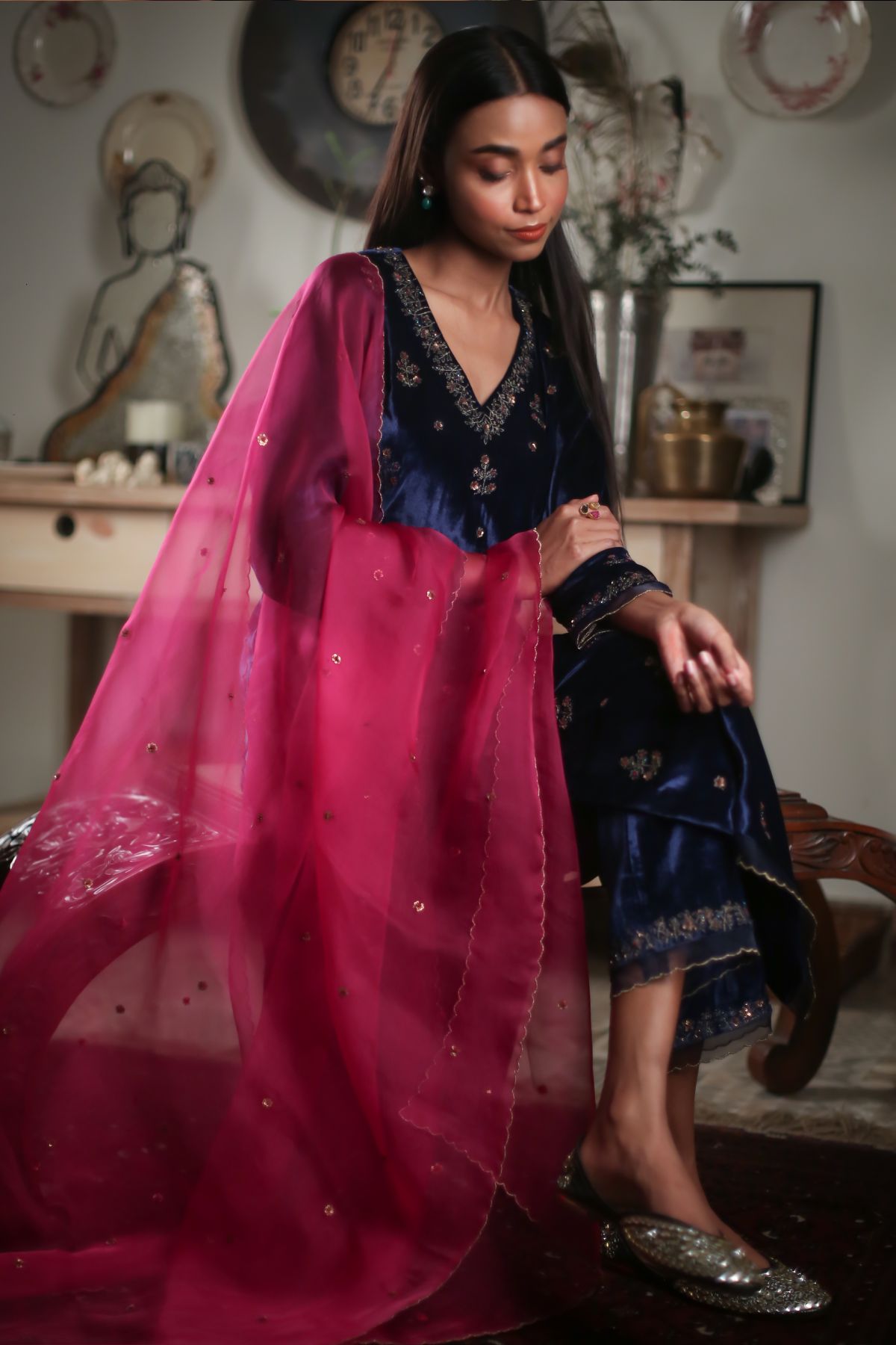 Blue Velvet Zardosi Kurta Set