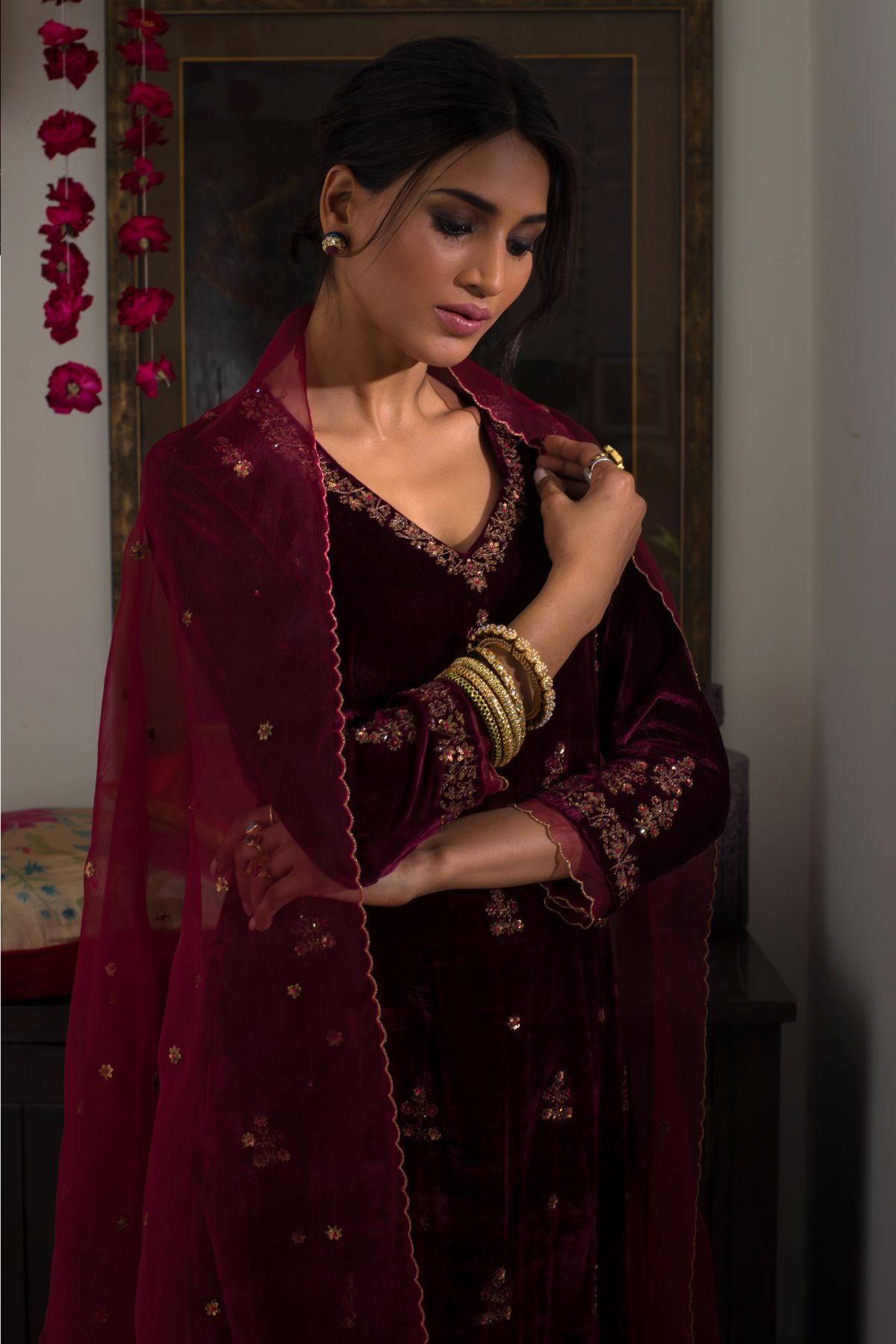Ruby Velvet Zardosi Kurta Set