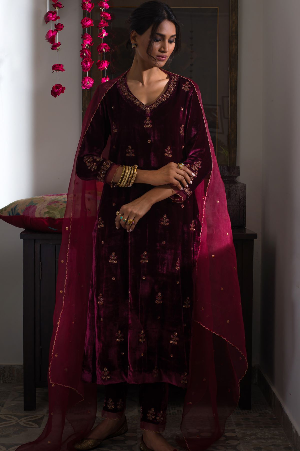Ruby Velvet Zardosi Kurta Set