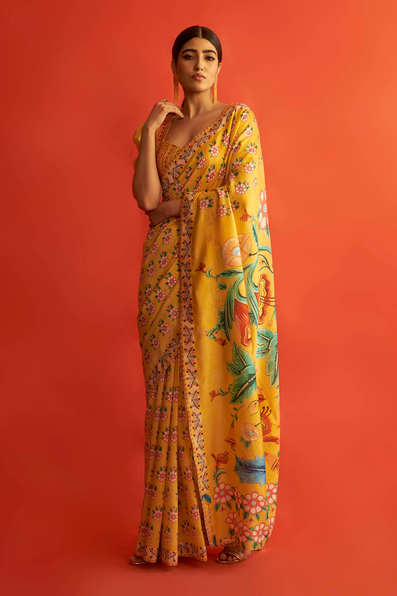 Yellow Chanderi Printed Saree