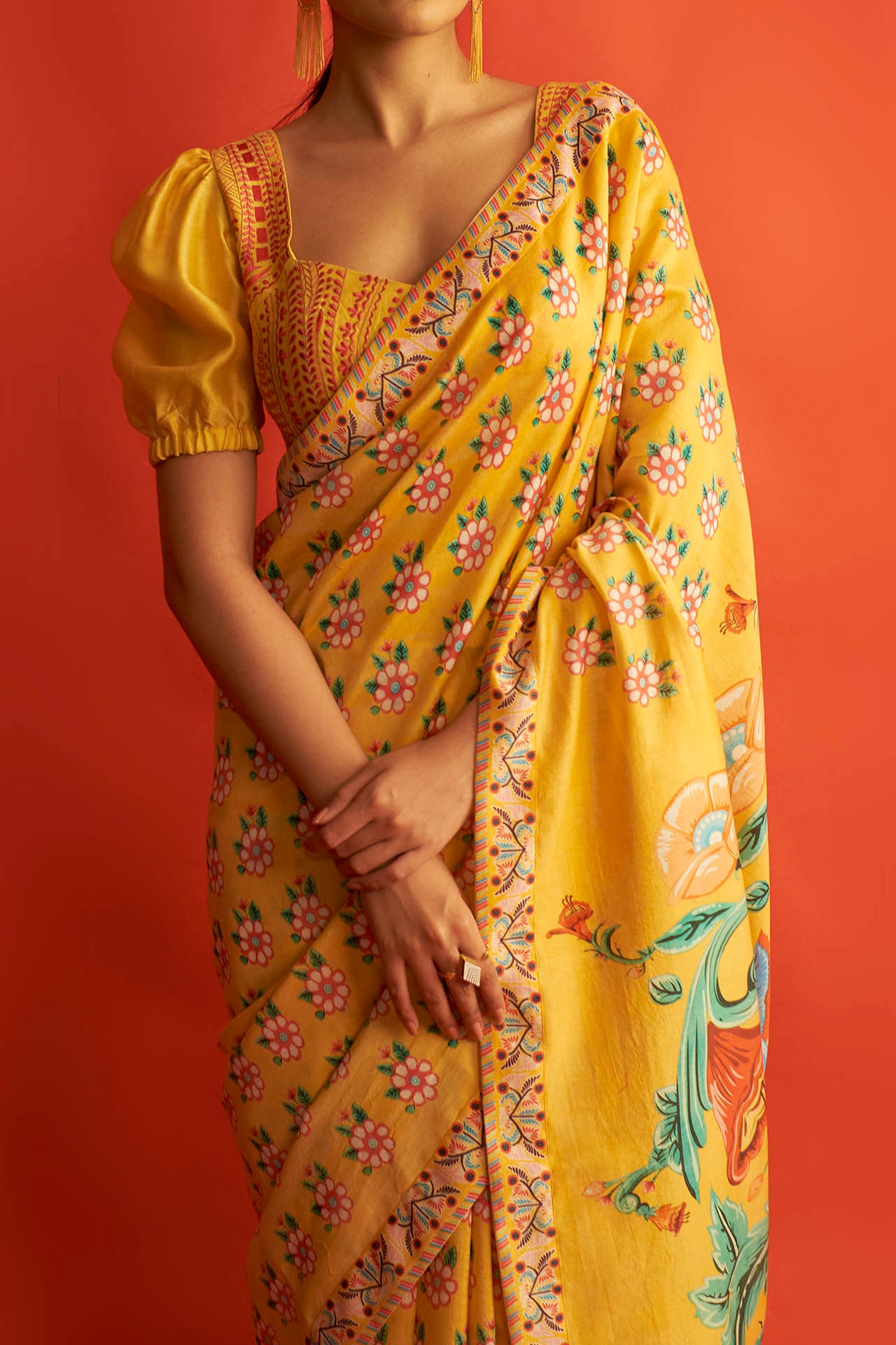 Yellow Chanderi Printed Saree