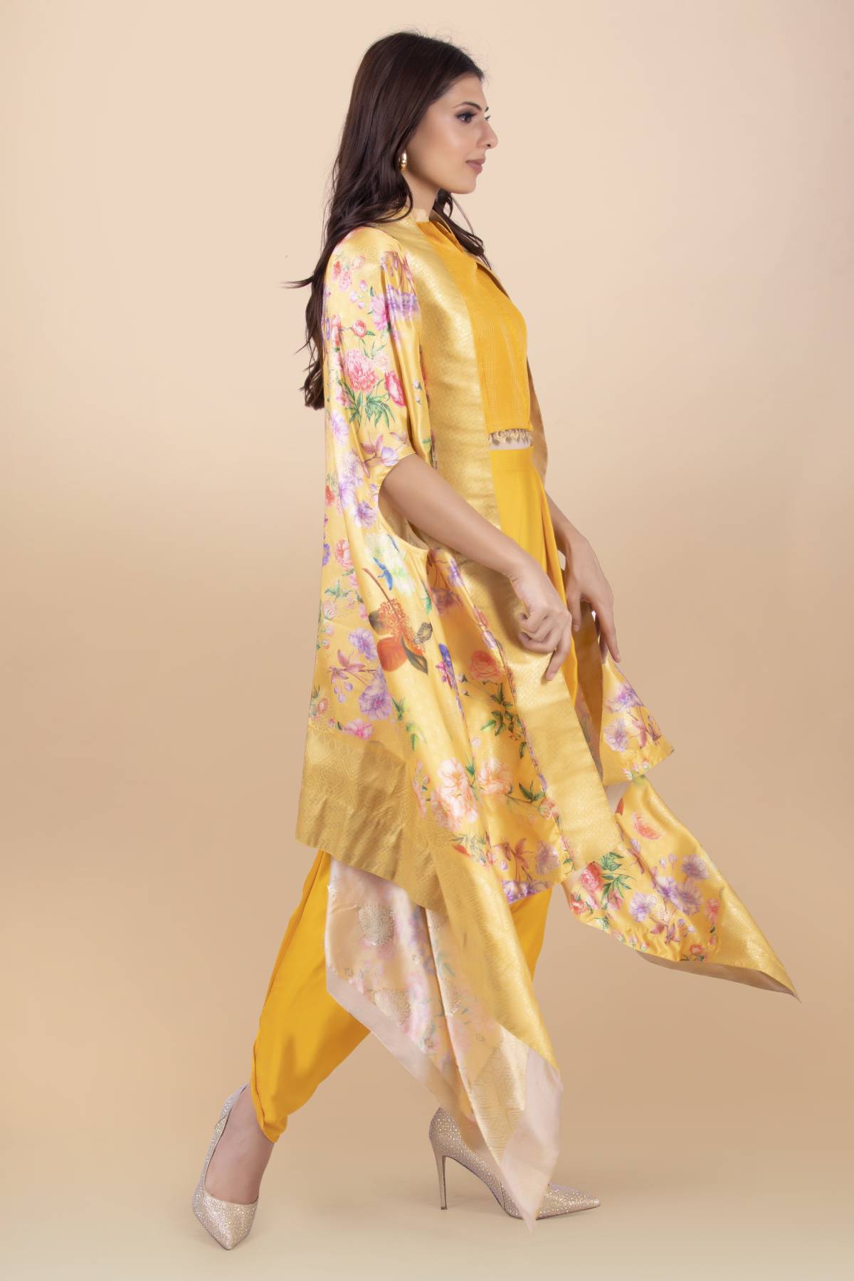 Yellow Modal Satin Cape Set