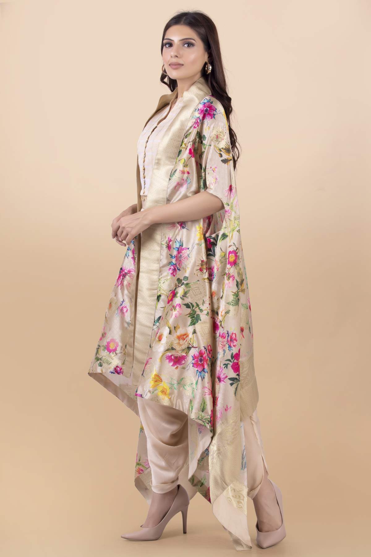 Cream Modal Satin Print Cape Set