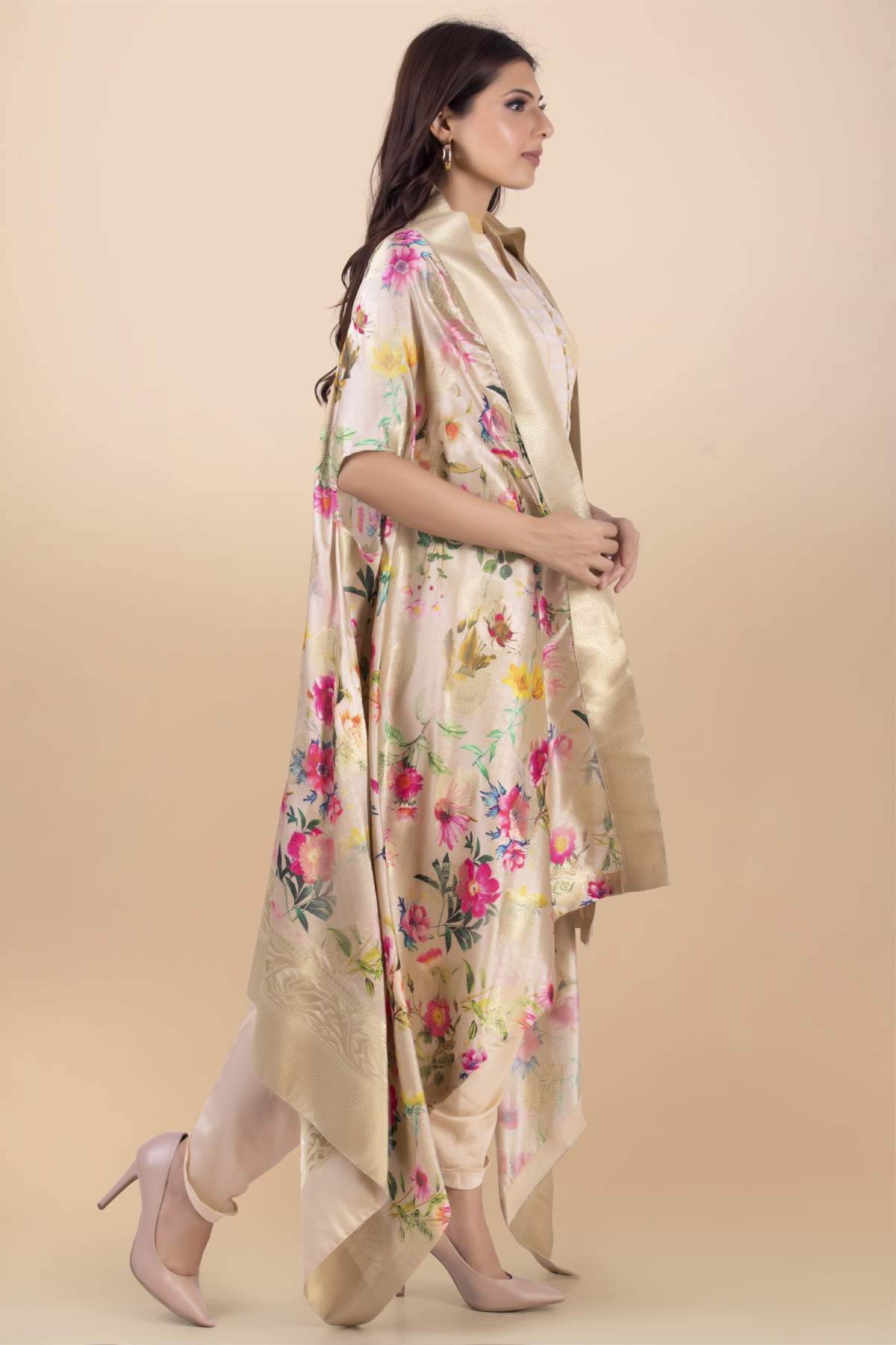 Cream Modal Satin Print Cape Set