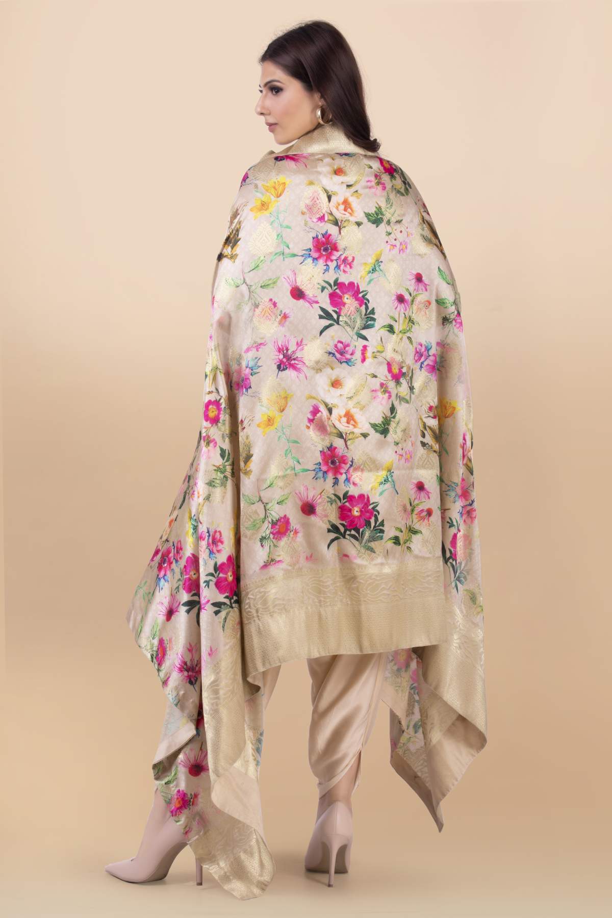 Cream Modal Satin Print Cape Set