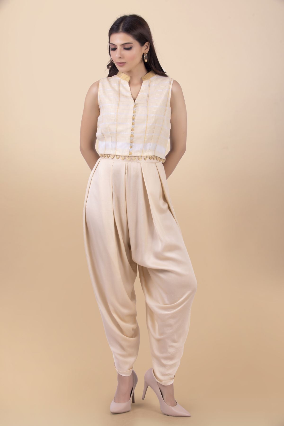 Cream Modal Satin Print Cape Set