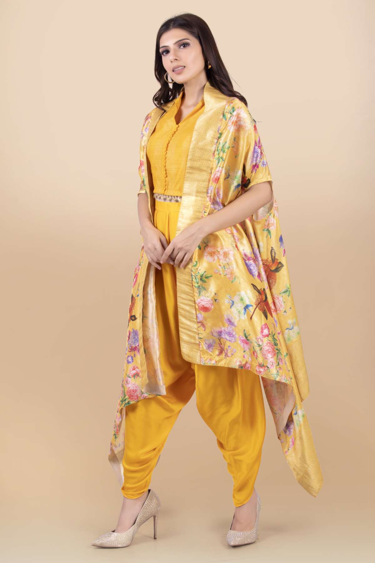 Yellow Modal Satin Cape Set
