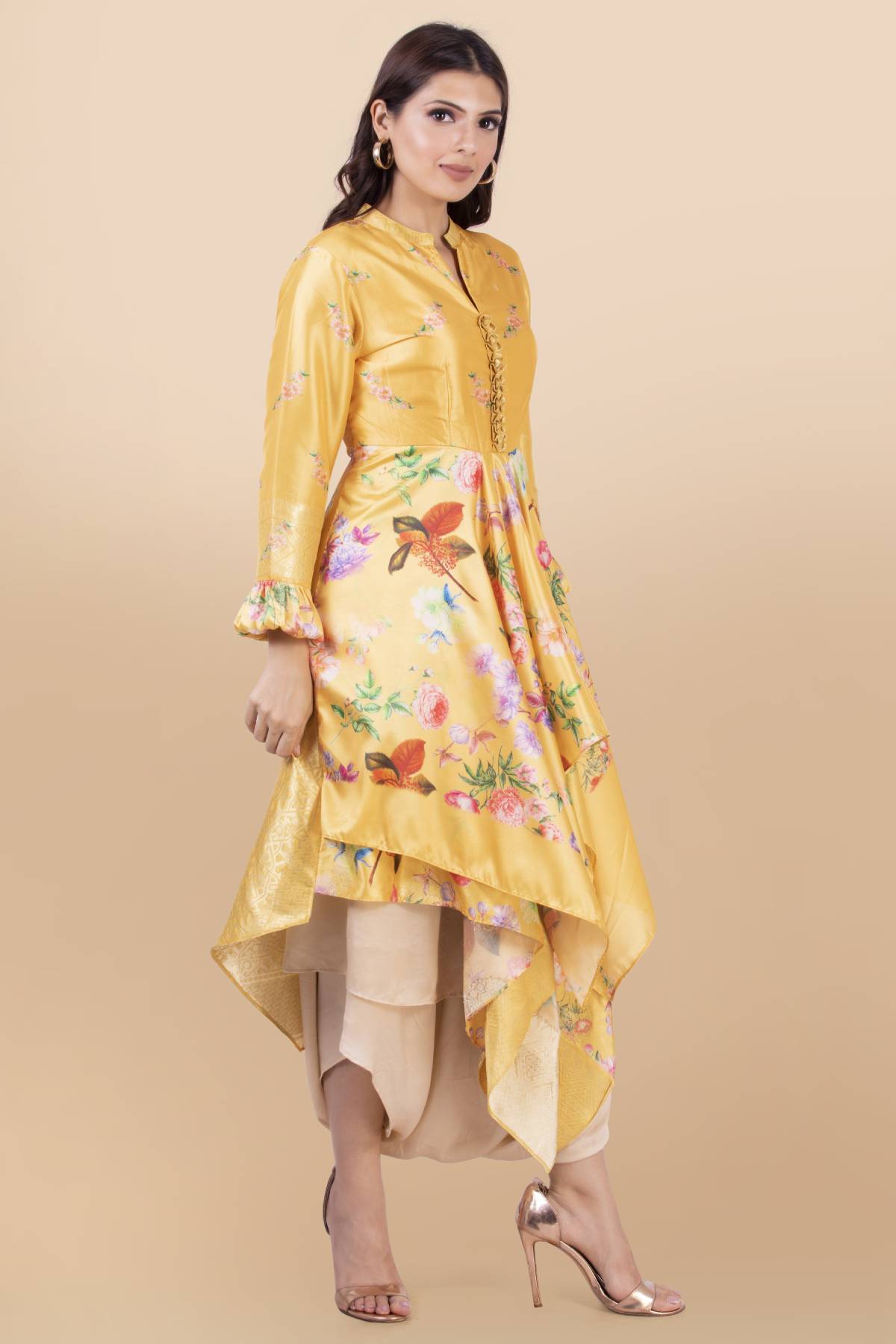 Yellow Asymmetrical Dhoti Set