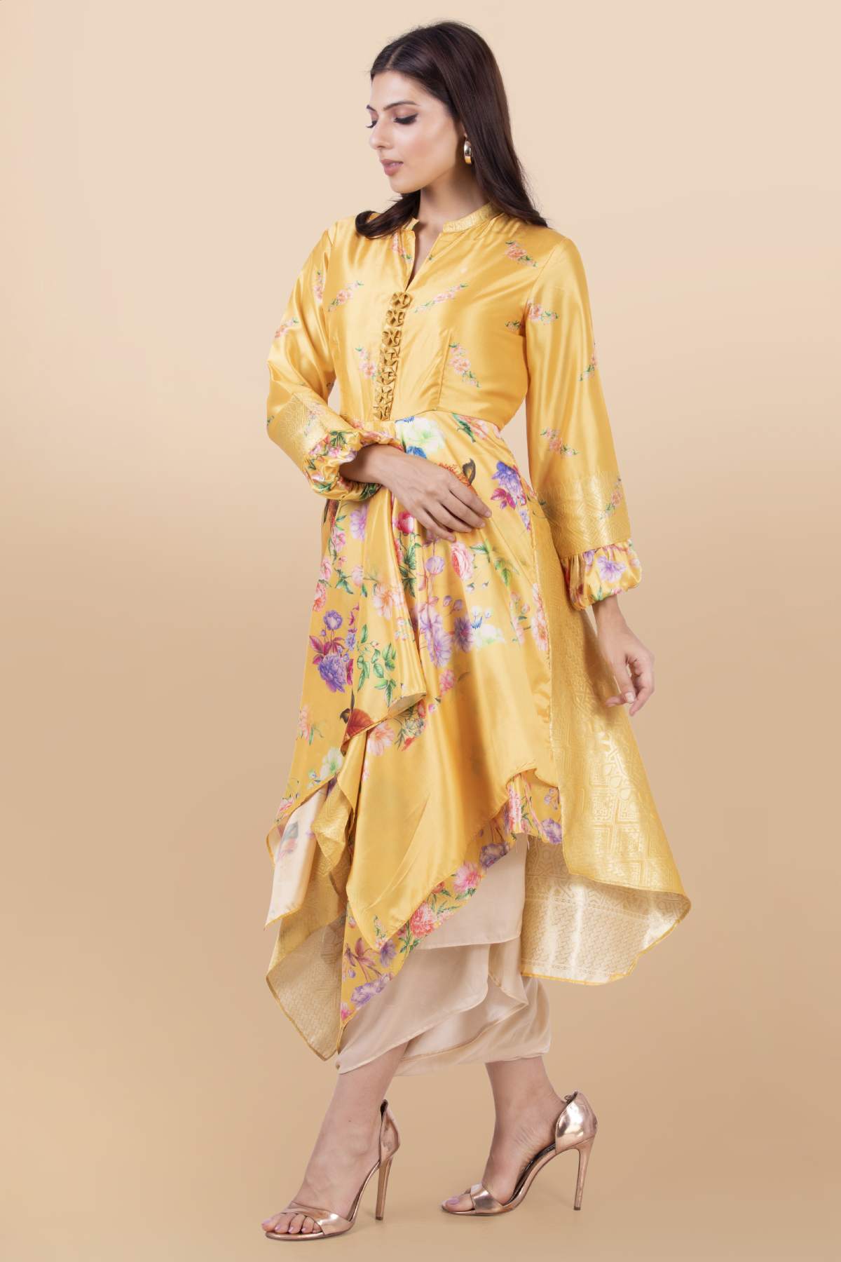 Yellow Asymmetrical Dhoti Set
