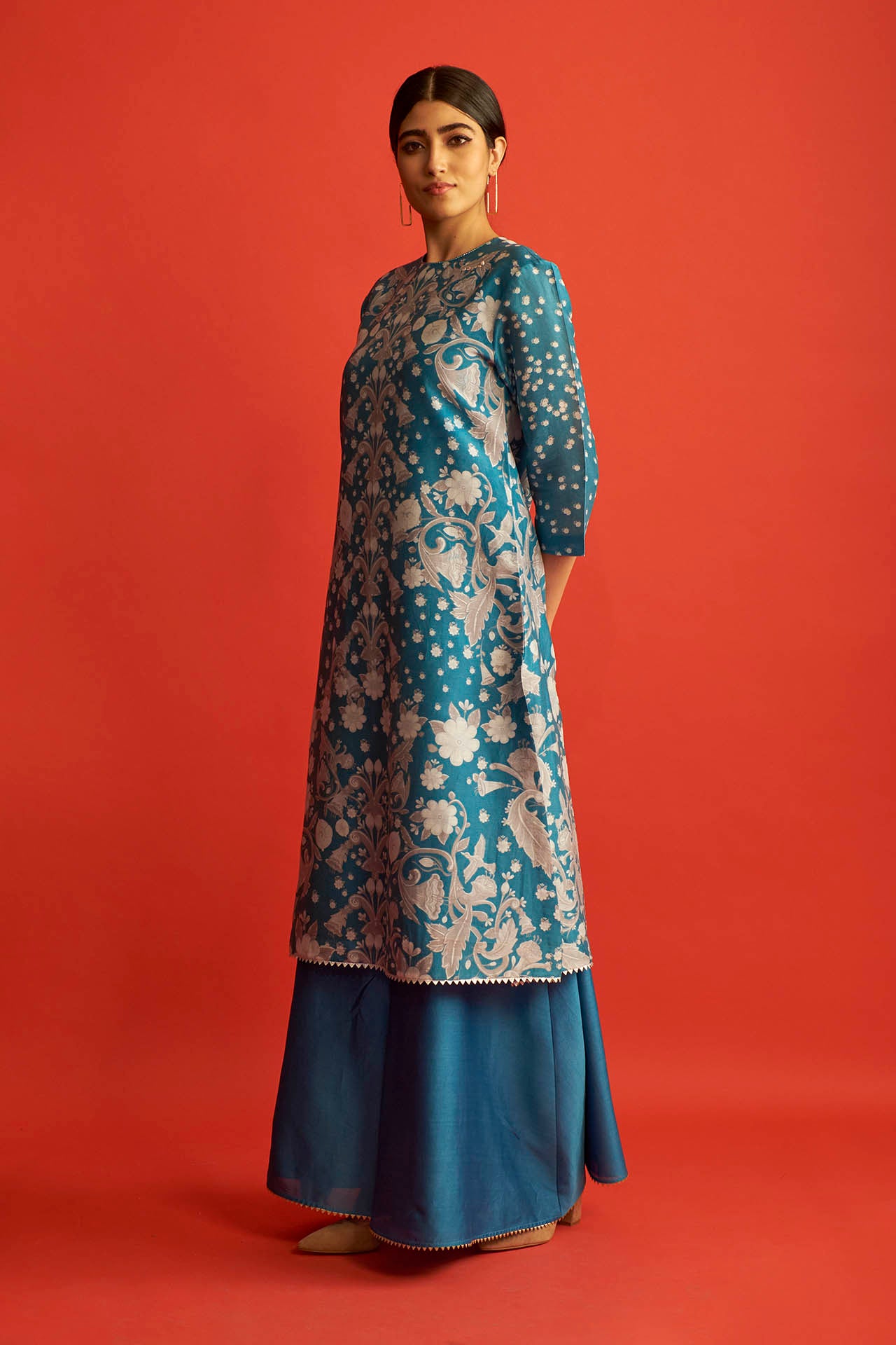 Blue Chanderi A-Line Print Kurta