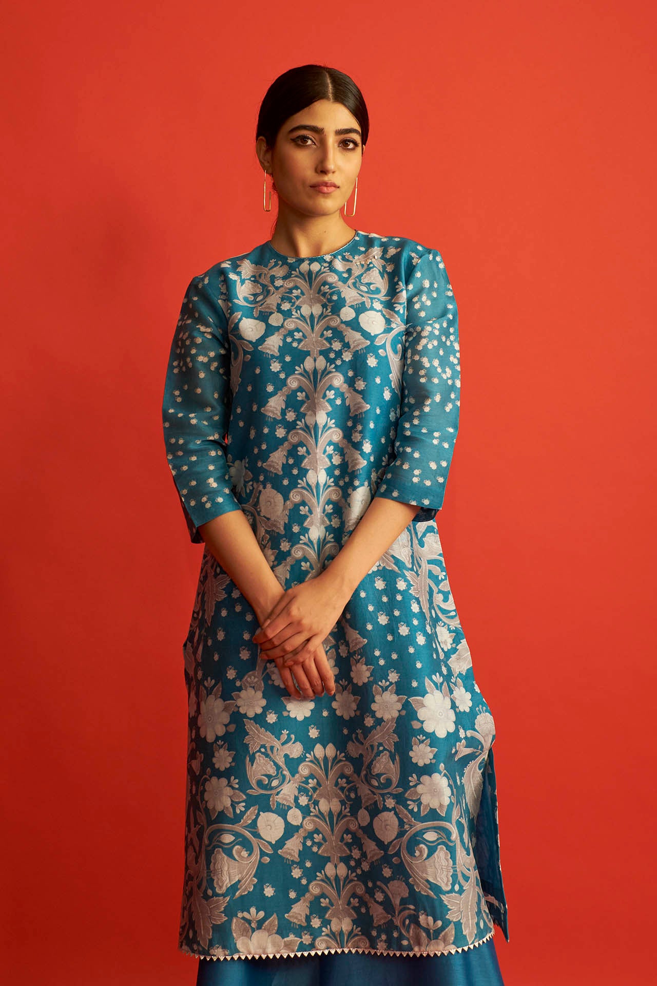 Blue Chanderi A-Line Print Kurta