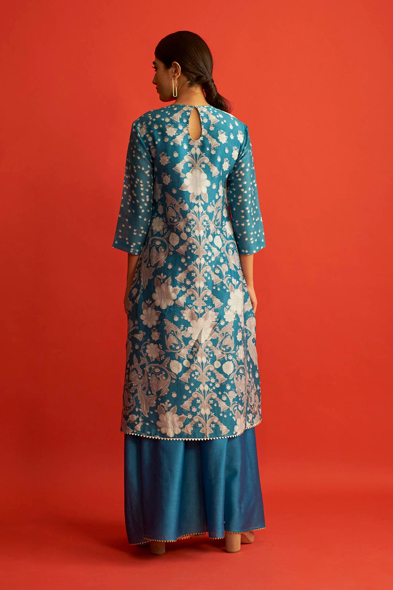 Blue Chanderi A-Line Print Kurta