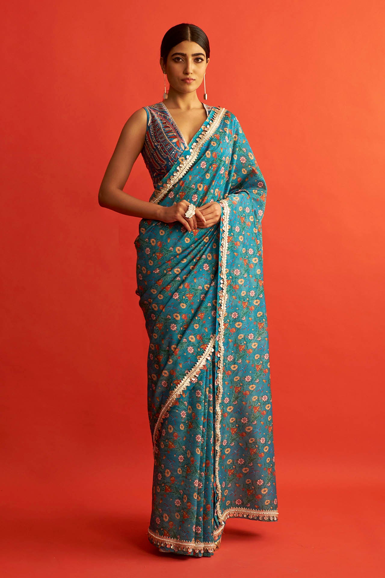 Blue Chanderi Printed Saree