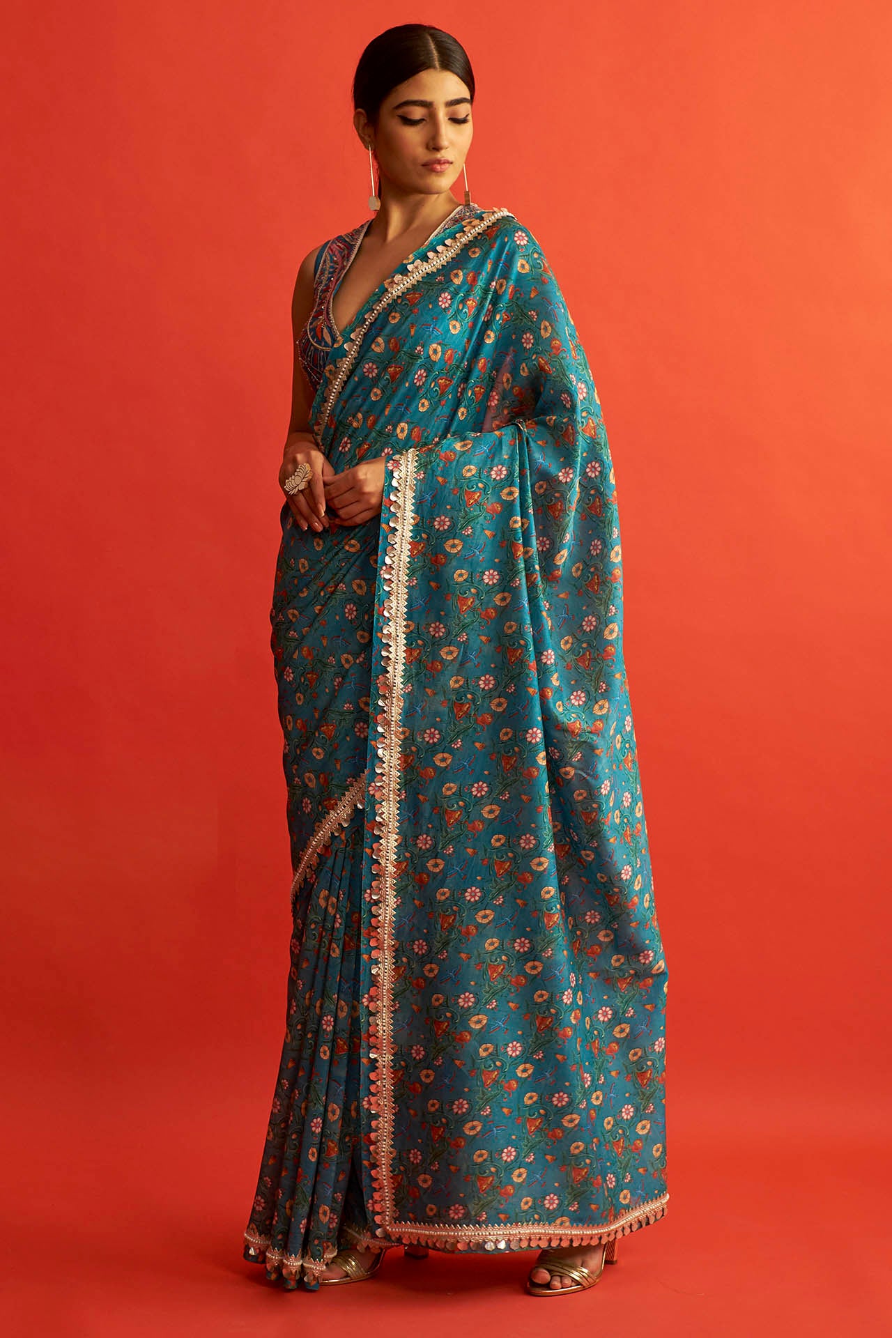 Blue Chanderi Printed Saree