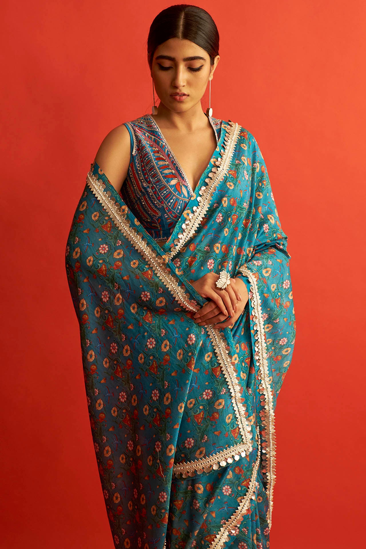 Blue Chanderi Printed Saree