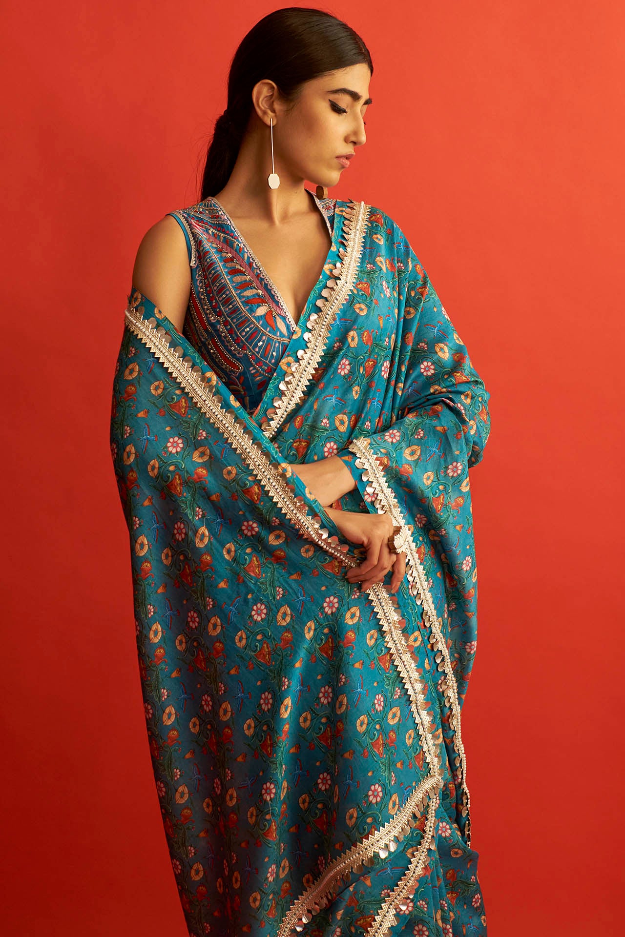 Blue Chanderi Printed Saree