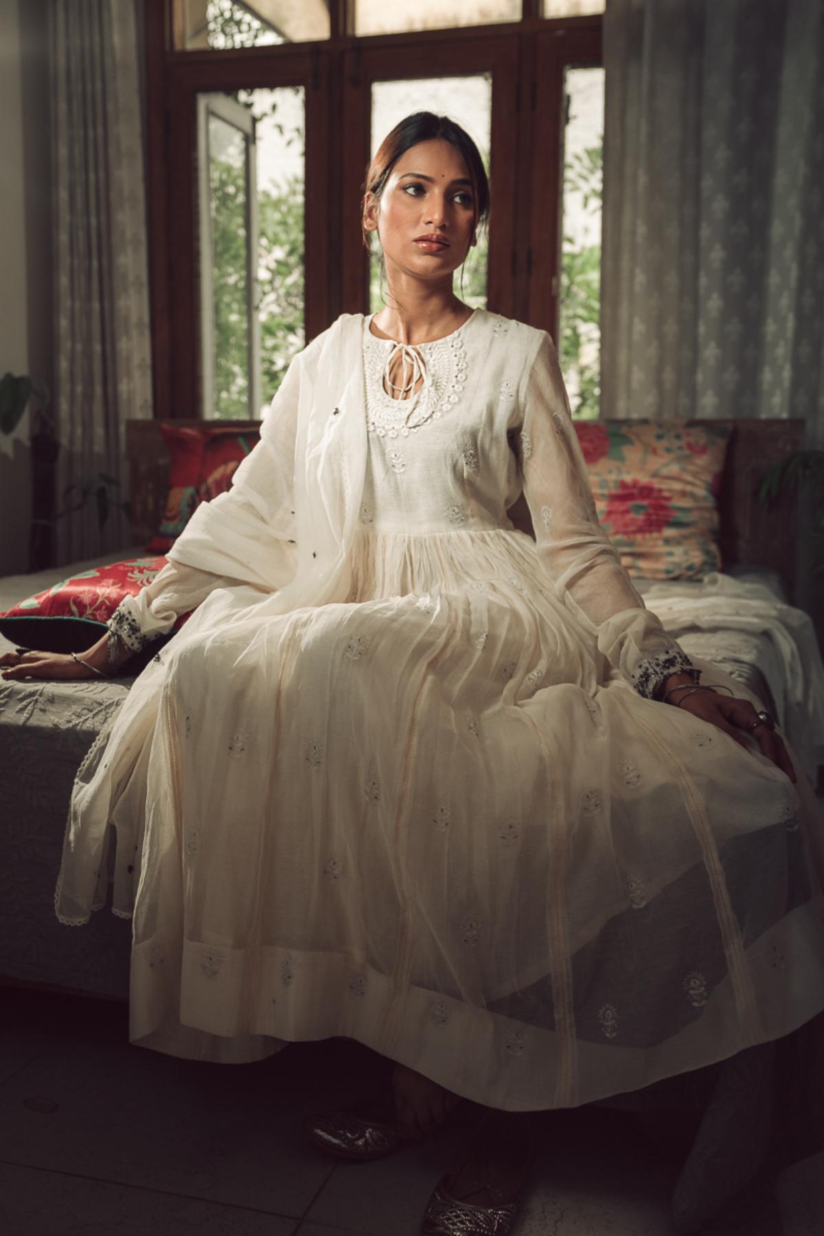 White Aari Zardosi Anarkali Set