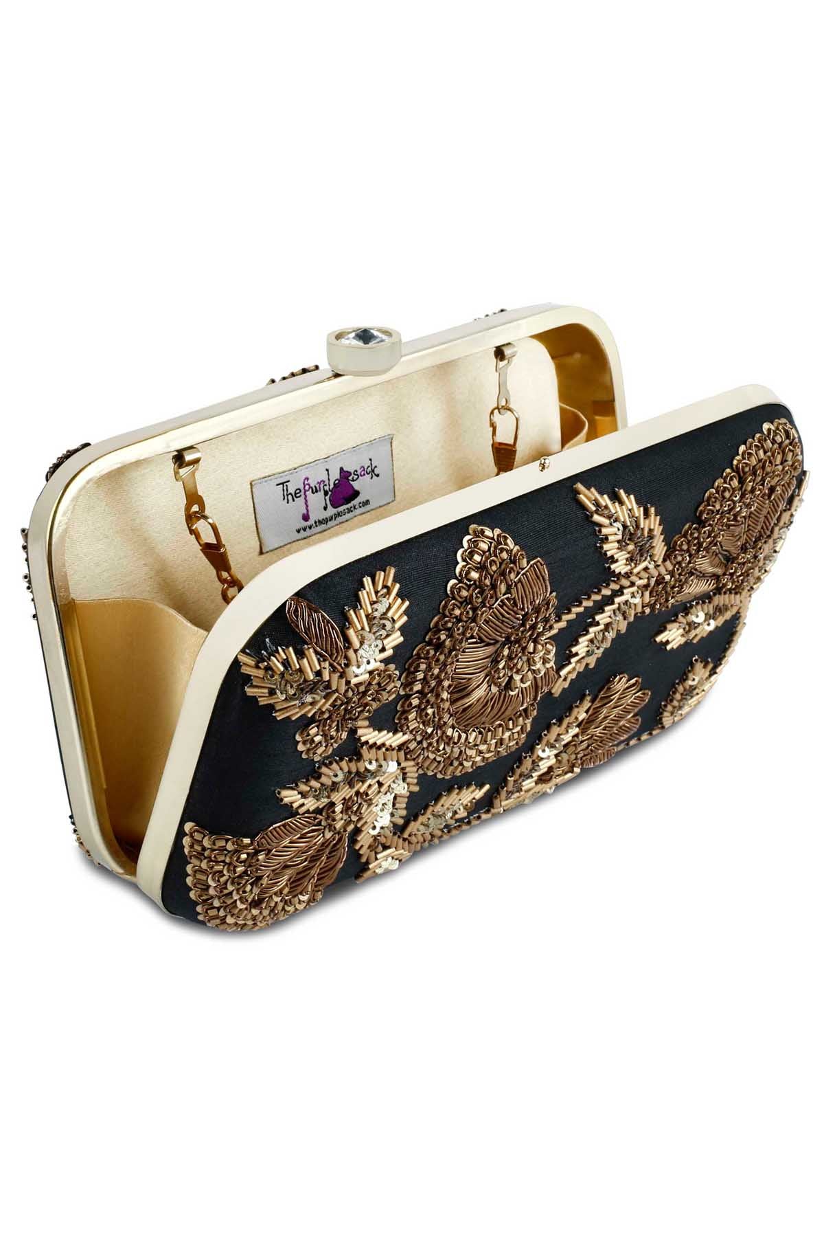 Black Raw Silk Zardosi Clutch