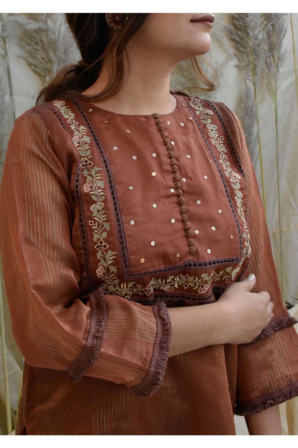 Brown Thread Work Kurta & Pants