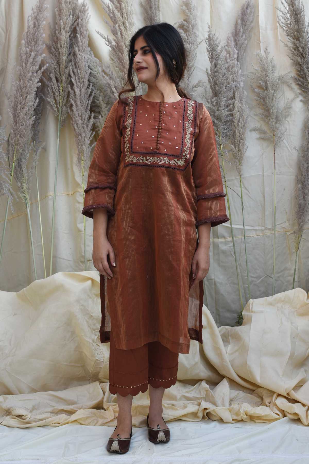 Brown Thread Work Kurta & Pants